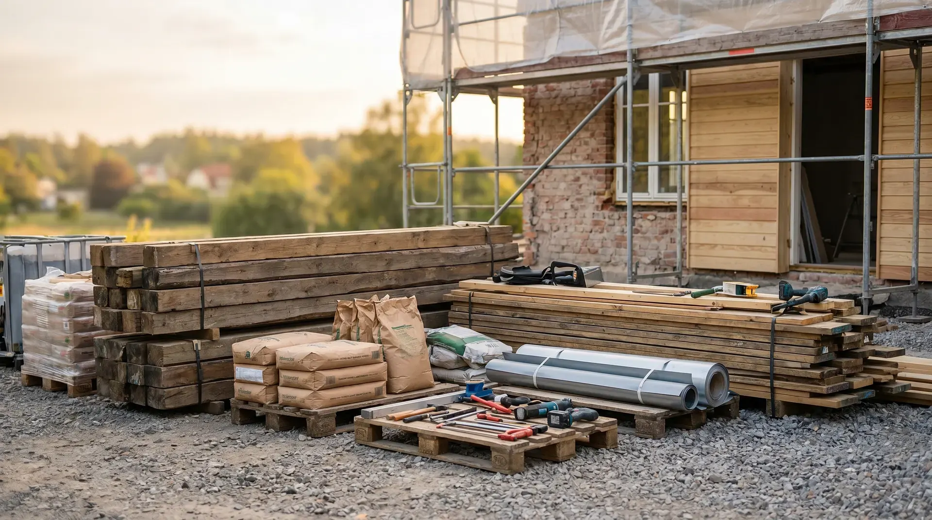 Byggarbetsplats med trä, verktyg och material framför hus under konstruktion.