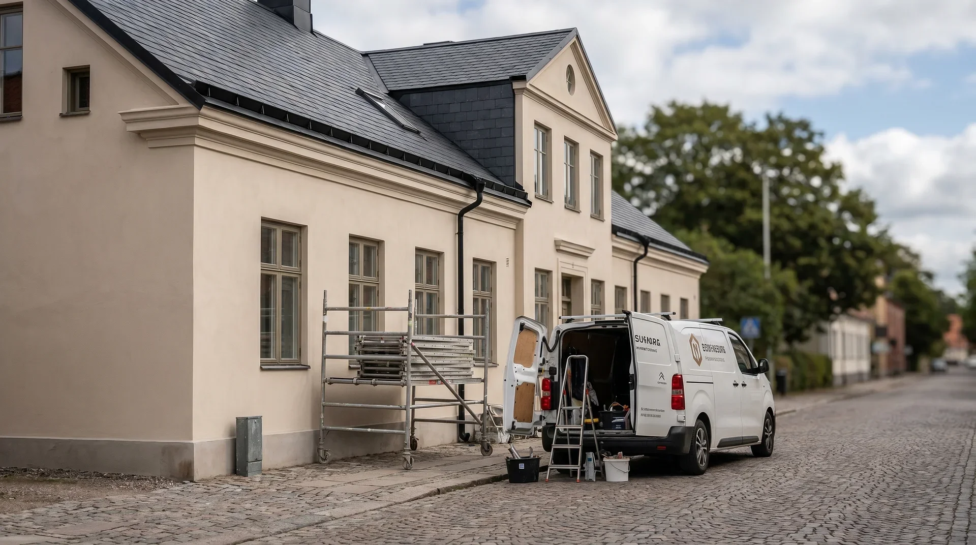 Byggarbetsplats framför renoverad beige byggnad med vita skåpbilar parkerade.