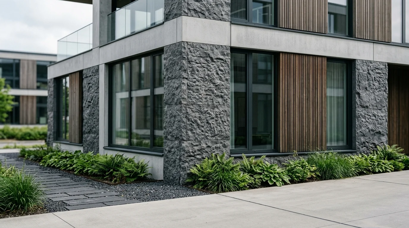 Modern kontorsbyggnad med stenfasad, glasfönster och grönska vid entrén.